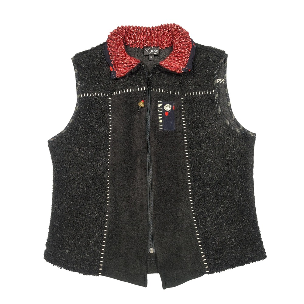 K.d. Spring Vest Women S Rayon Art To Wear Zip Front Knit Collar Black Red 0880